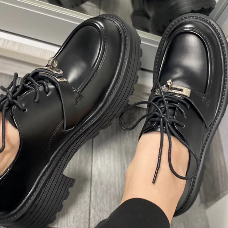 2023 Spring New Loafers Shoes Women Black High Heel British Style Leather Shoes Fashion Buckle Strap Casual Platform Shoes Woman