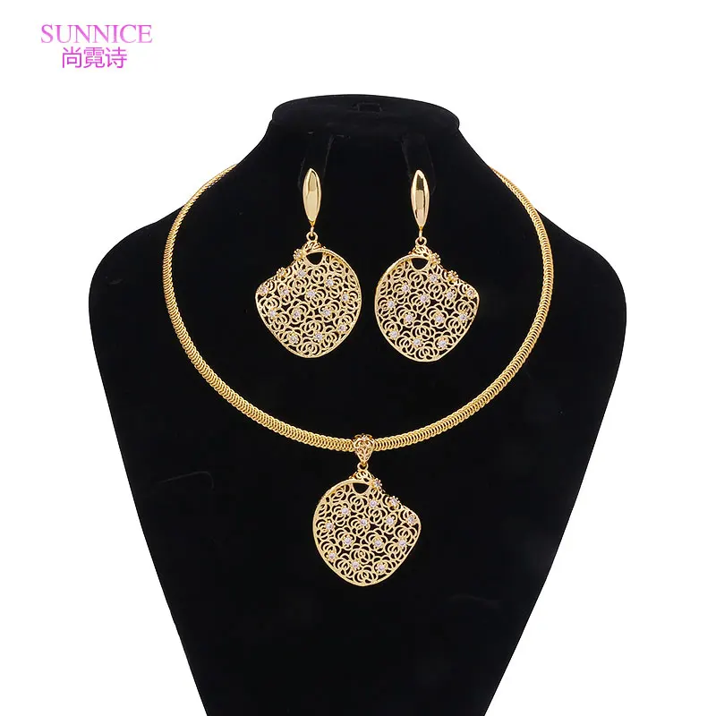 

SUNNICE Gold Color Luxury Dubai Jewelry Sets Shine Zircon Pendant Necklace Drop Earrings Set for Women African Prom Jewellry