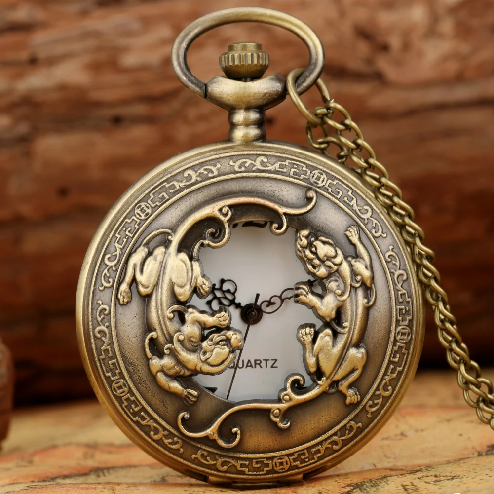 

Bronze Pocket Watch Hollow Animal Pattern White Numeral Dial Quartz Pocket Watches Fine Chain Pendant Clock Gifts for Men Women