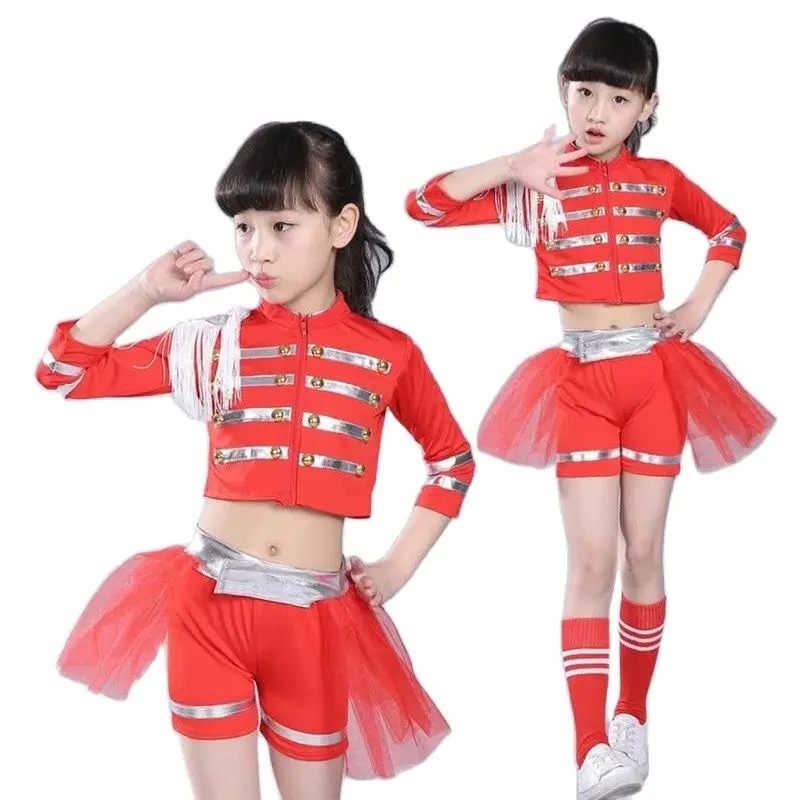

New Girls Sexy Modern Dance Cheerleading Dance Costumes Kids Group Dance Red Jazz Ballroom Tango Dress Children Dance Clothes