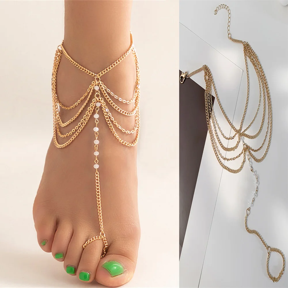 

Gold Plated Imitation Crystal Multi Layer Gold Anklet For Women Teen Girls Ethnic Beach Bridal Foot Jewelry Accessories