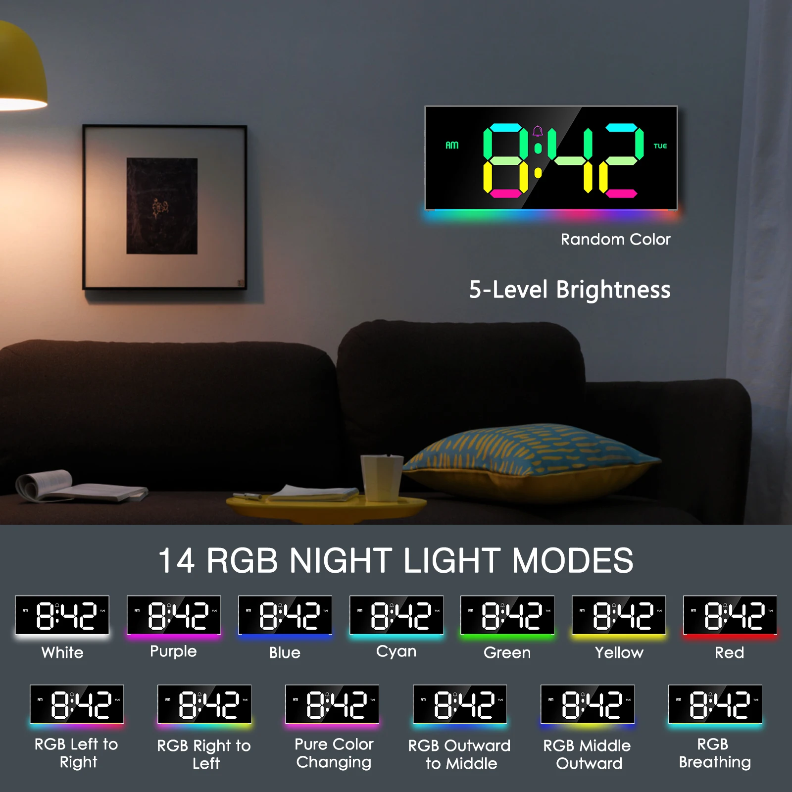 ORIA цифровые настенные часы 12 дюймов с большим дисплеем RGB красочный будильник