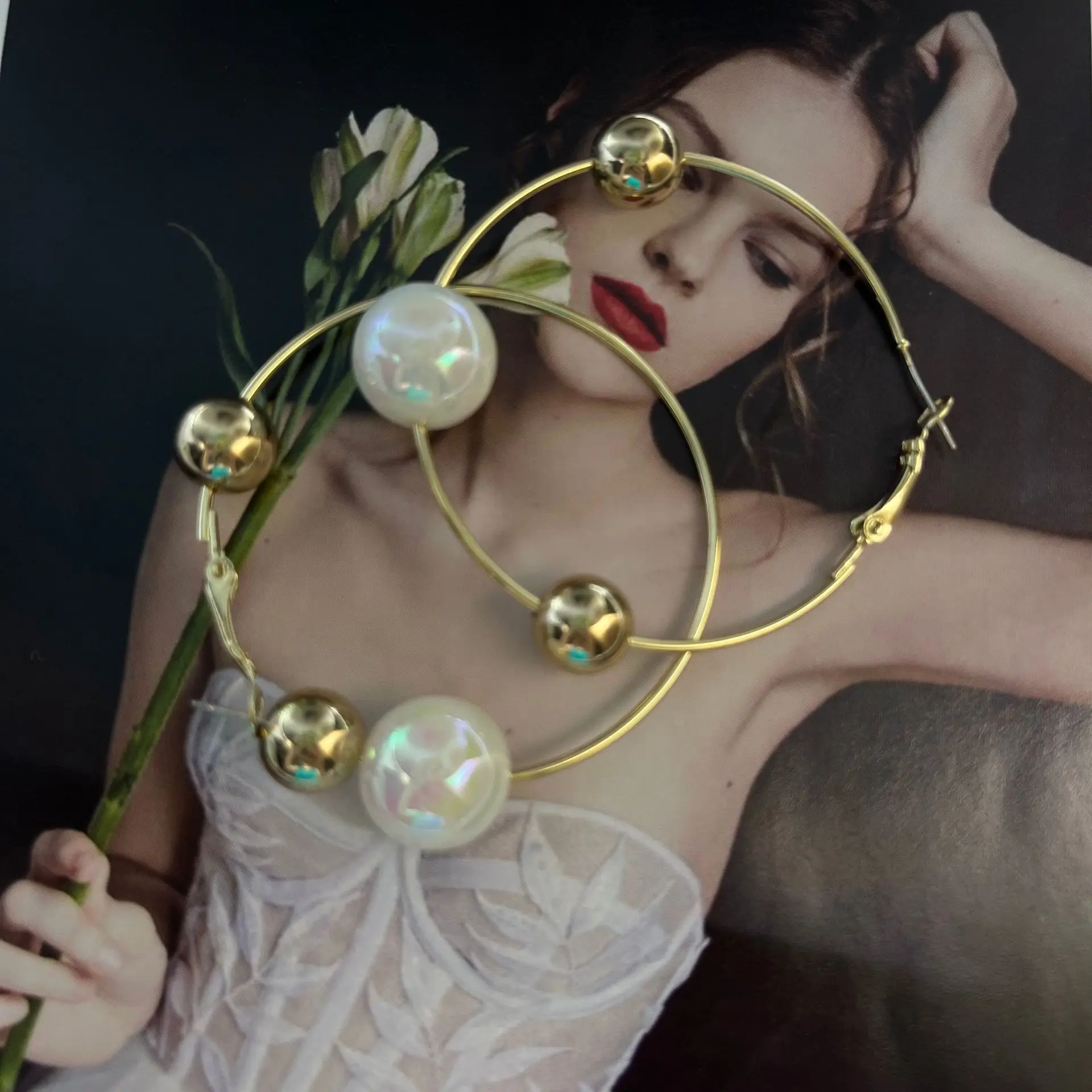 

New Fashion Trend Round Exaggerated Elegant Delicate Pearl Earrings Women's High Jewelry Dinner Dance Party Gift Wholesale