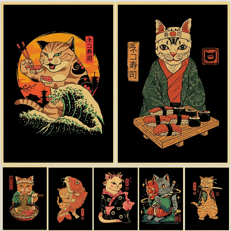 Японская кошка самурая лапша ретро постер крафт-бумага принты настенная