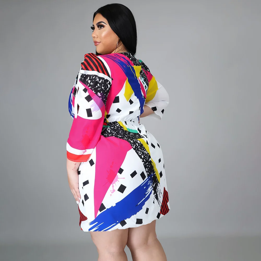 Plus Size Female Dresses Polka Dot Fashion Colorful Printing Half Body Dress Casual V-neck Waist Pullover Short Dress For Women