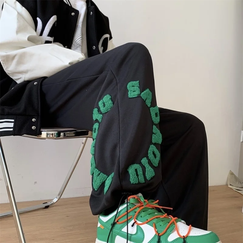 

Green Embroidered Letters Sweatpants for Teen Fashion Trends Jogger Drawstring Clothing Mens Harem Track Pants Casual Streetwear