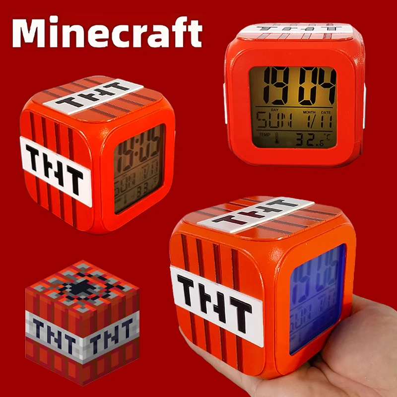 Minecraft TNT красочные светодиодные настольные часы цифровой будильник с повторным