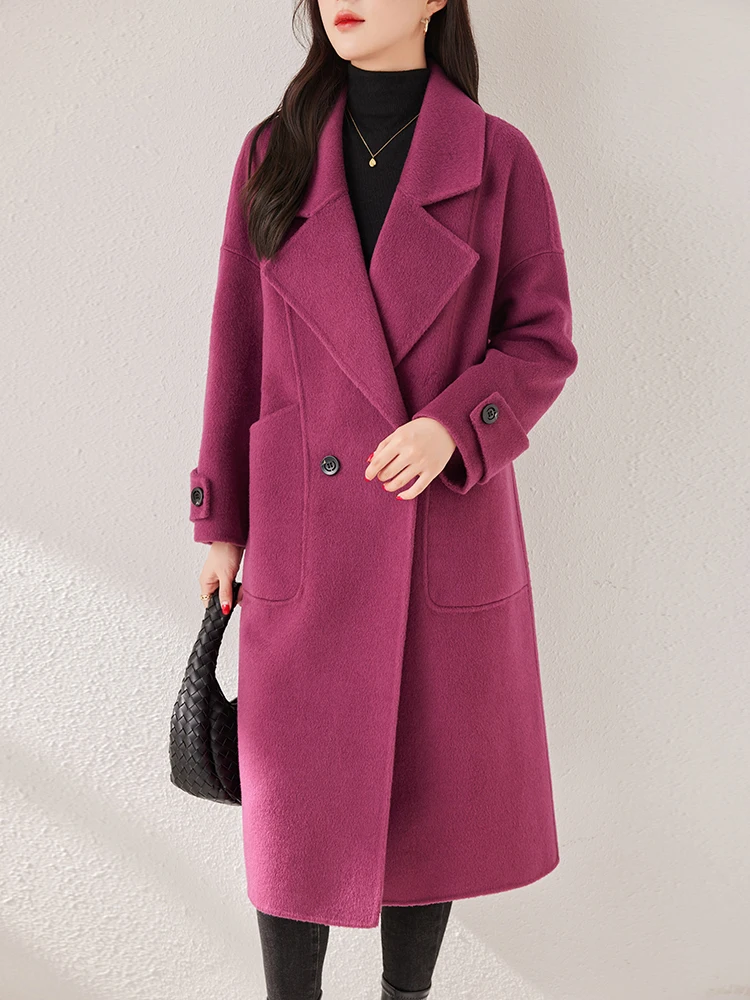 Qishiya Rose Red Double-sided Wool coat Women 2024 New Simple Loose Slimming Wool Woolen Outerwear