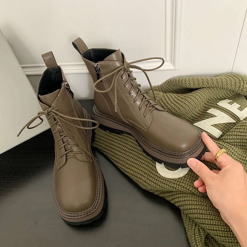 

2022 new winter Women ankle boots natural leather 22-25CM cowhide work boots lace up color modern boots fashion platform boots