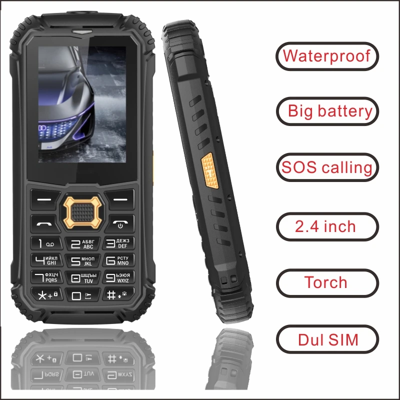 

EAOR 2G Feature SOS IP68 Rugged Waterproof Dustproof Keypad Phone Dual SIM 2000mAh Big Battery Push-button Phone side key Torch