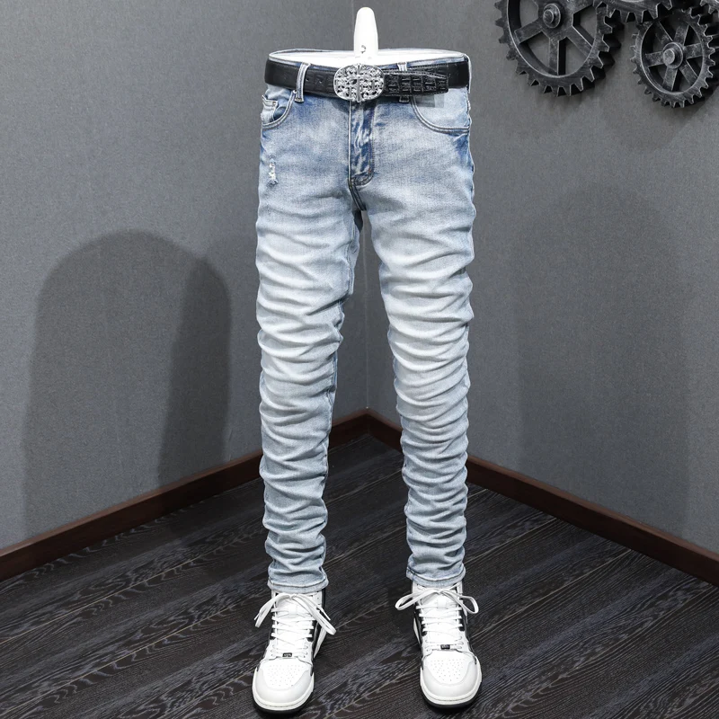 Street Fashion Men Jeans High Quality Retro Light Blue Elastic Stretch Skinny Fit Ripped Jeans Men Hip Hop Brand Designer Pants