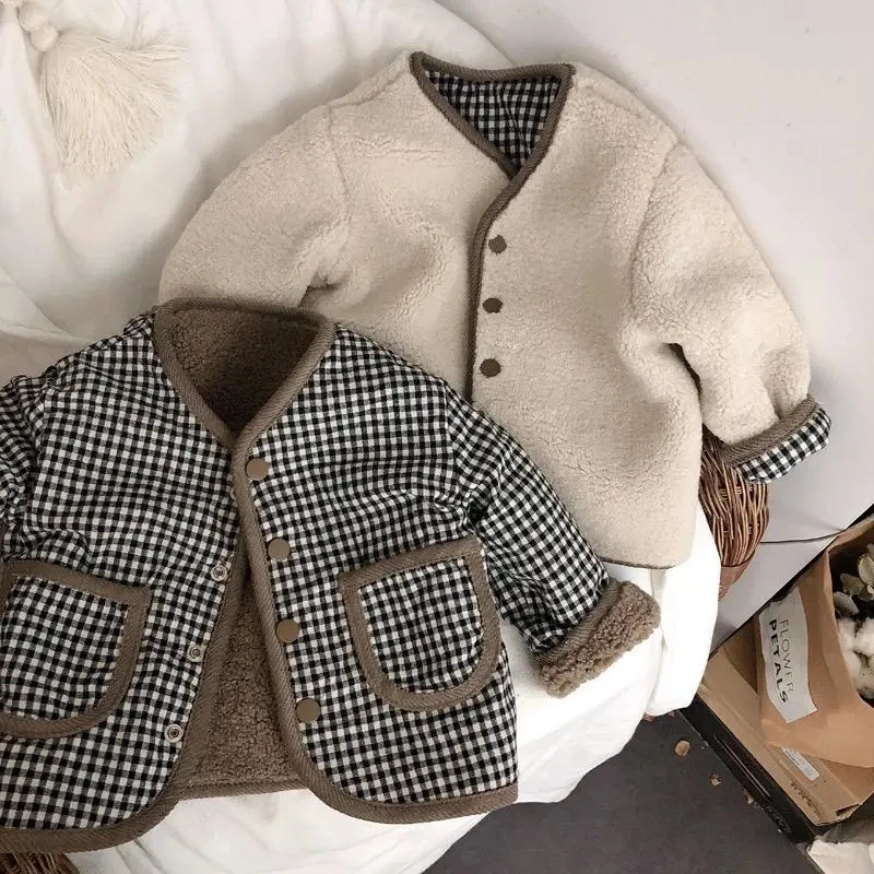 Купи Autumn Winter Baby Kids Boys Girls Plaid Wool Korean Jackets on Both Sides Coats Tops Toddler Childrens Thickened Warm Jacket за 1,077 рублей в магазине AliExpress
