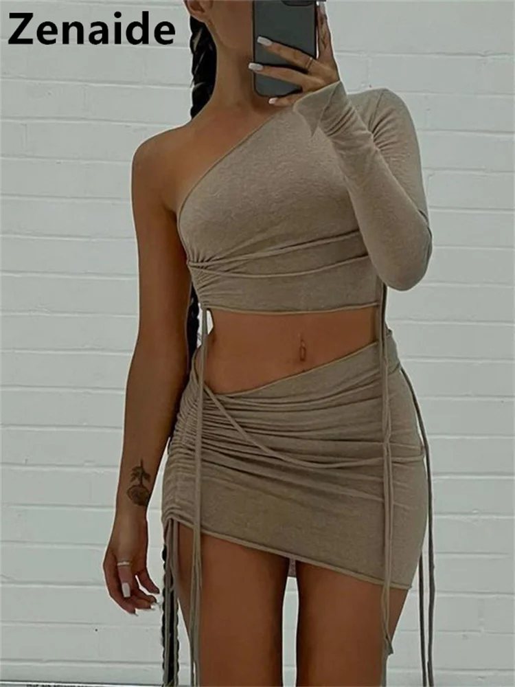 

Zenaide 2022 Autumn One Shoulder Crop Top And Mini Skirt Matching Set Women Two Piece Set Sexy Party Club Drawstring Outfits