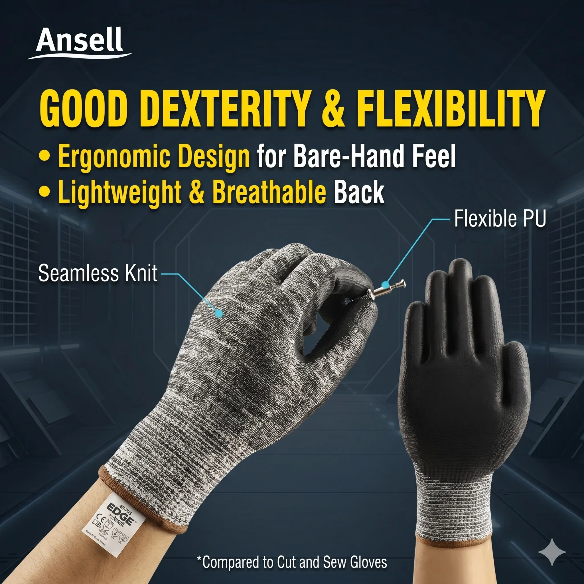 Фото Перчатки защитные Ansell 48-705 EDGE, устойчивые к порезам, из стекловолокна с полиуретановым покрытием, для мужчин и женщин, для промышленности №3