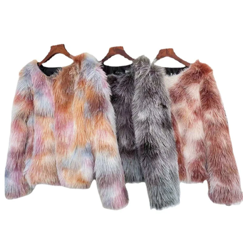 Winter Tie Dye Faux Fur Coats Fashion 2022 New Women's Clothing Elegant Round Neck Long Sleeve Short Faux Fur Coat Urban Liesure