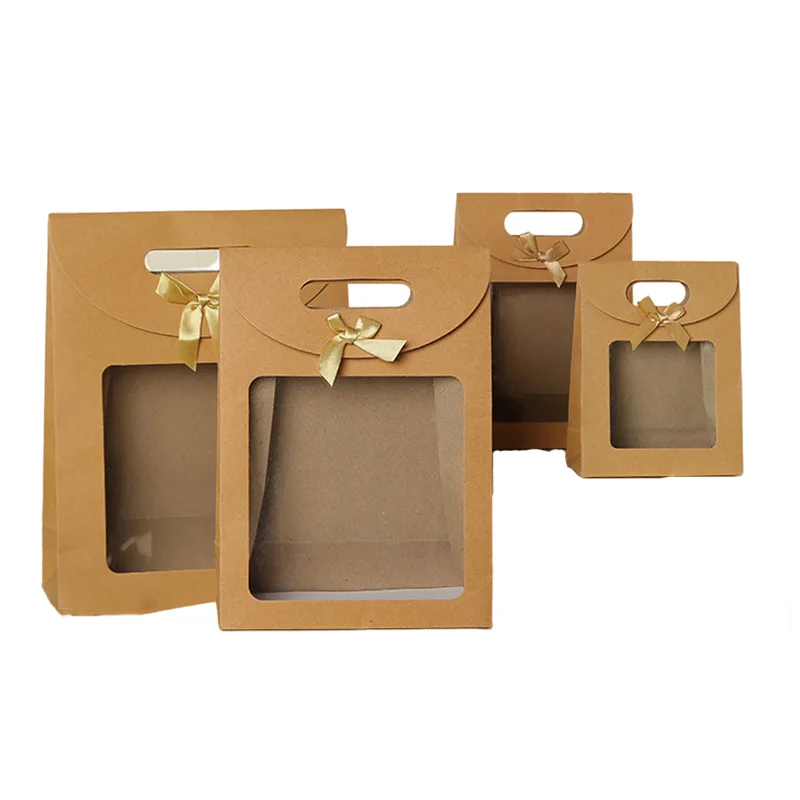 

10Pcs Kraft Paper Open Window Gift Bag With Handle Wedding Portable Flap Favor Gift Packaging Bag With Bow Birthday Party Supply