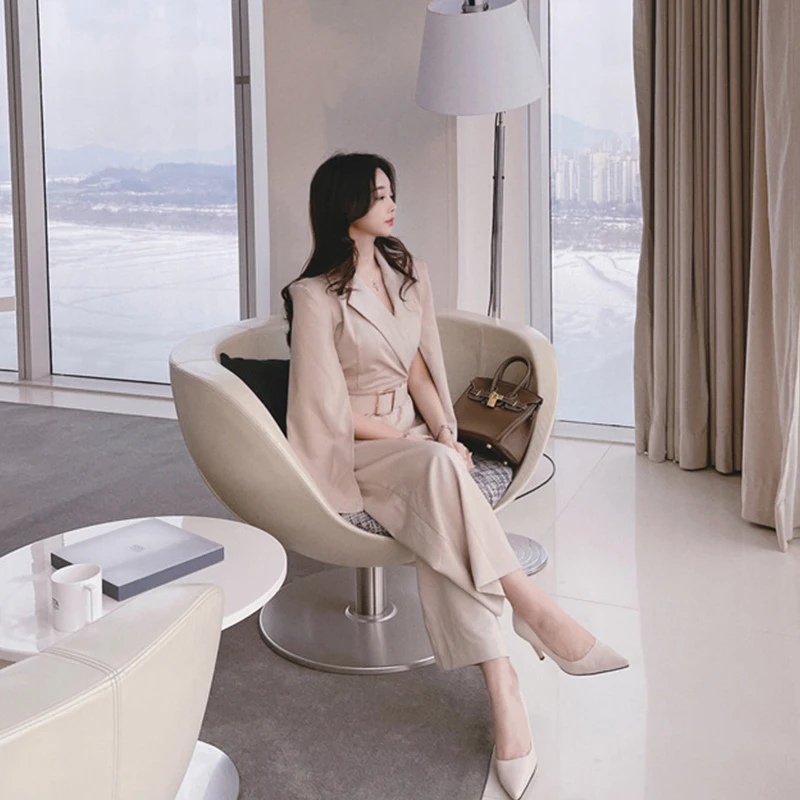Women's Elegant Jumpsuit Retro OL Professional Temperament Suit Collar Open Sleeve Straight Long Jumpsuit Fashion Sashes