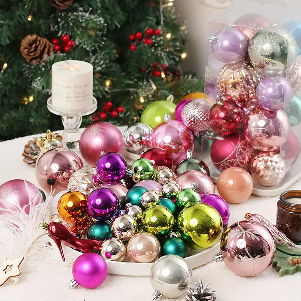 

55/75pcs Christmas Balls Ornament Plastic Christmas Tree Gold Red Pink Ball Pendant Hanging Decor Christmas Decoration