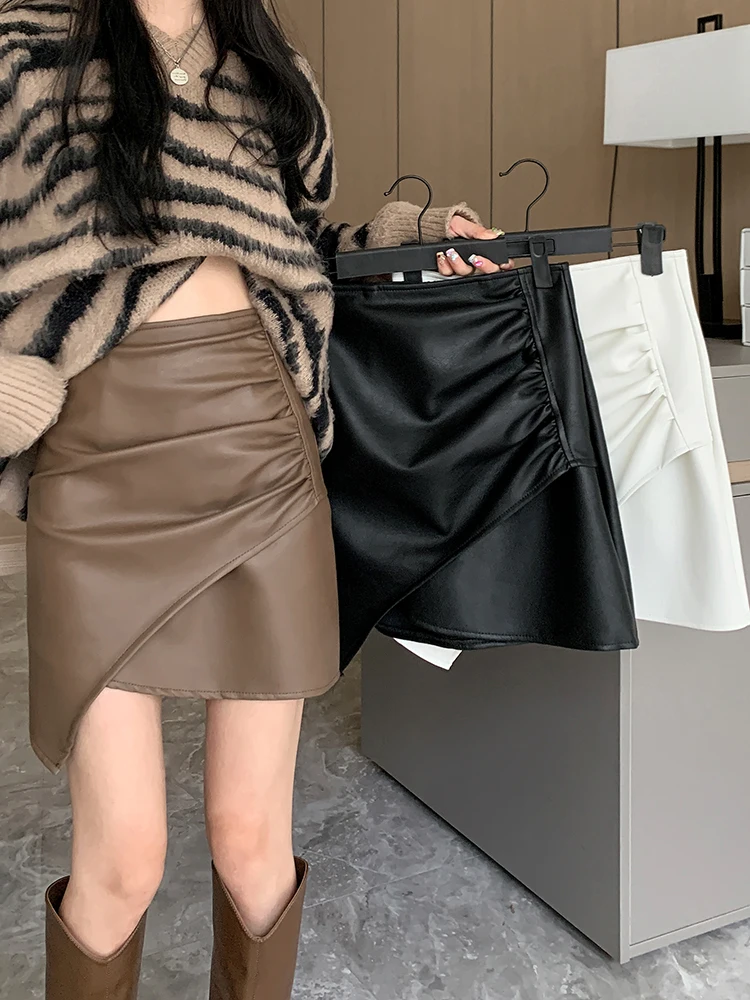 

PU 2023 Skirts for Women Spring New Chic Irregular All-match Shirring Lady Gentle Pure Office-look Harajuku Empire Tender Faldas