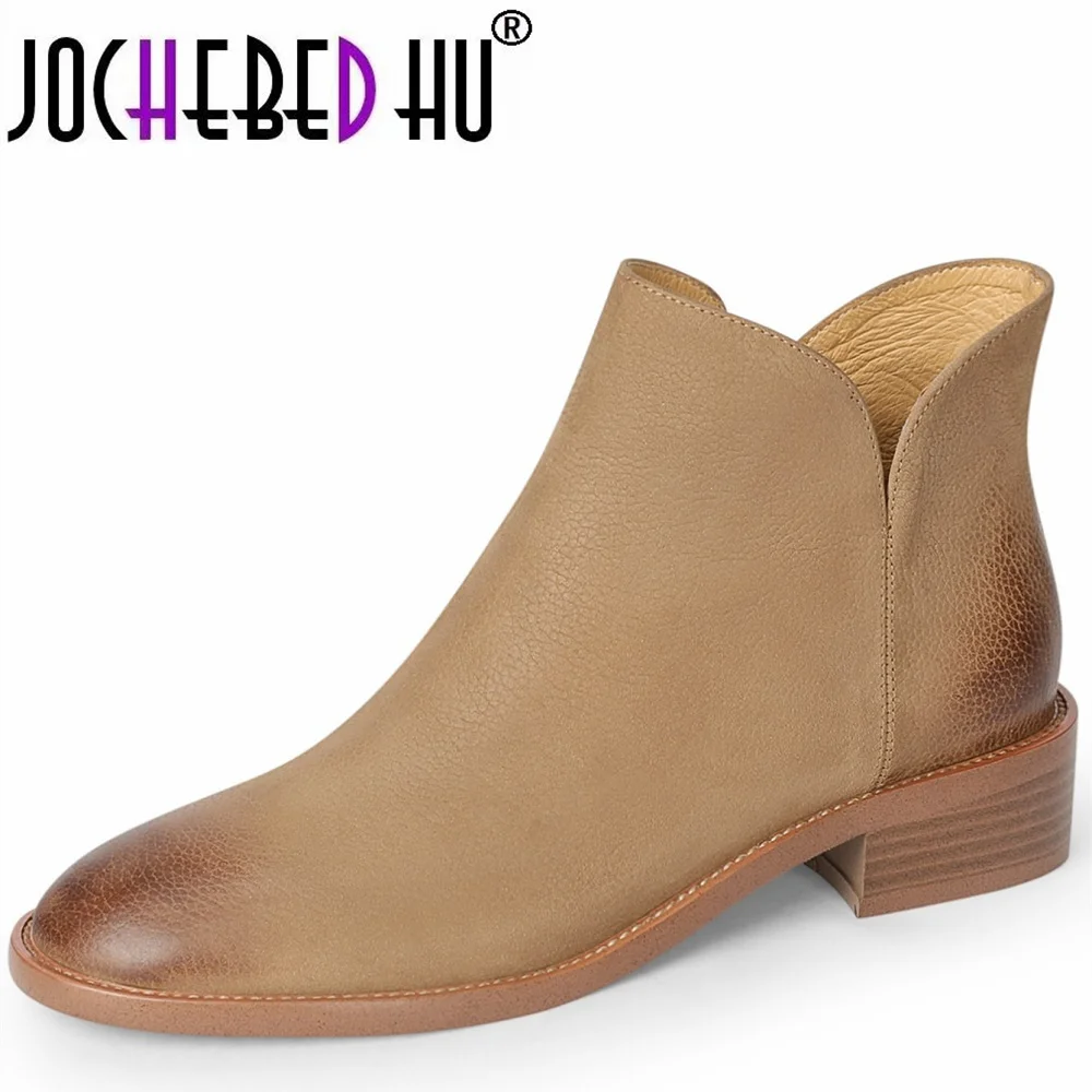 

【JOCHEBED HU】Women Genuine Leather Ankle Zipper Boots Designer Hand-made Classic Boots Shoes with Low Heel Warm Winter 33-40