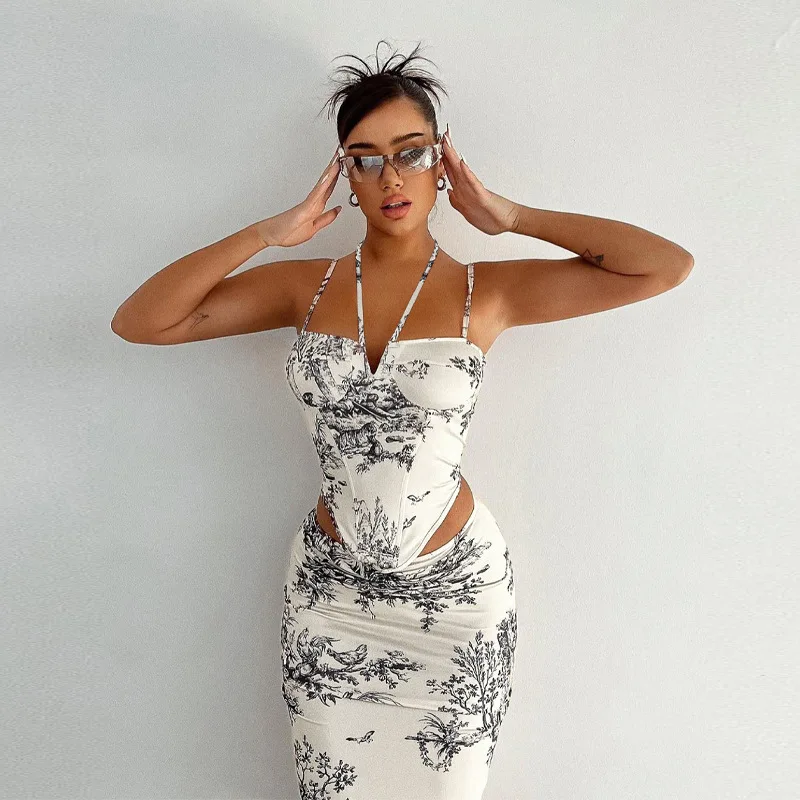 

BoozRey New Halter Neck Suspender Top Retro Style Printed Mid-length Hip Skirt Two-piece 2022 Summer Fashion Casual Suit Women