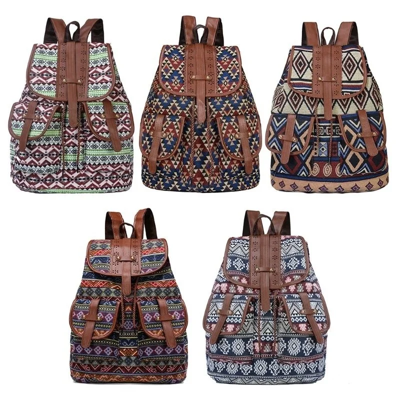 

2023 Vintage Print Canvas Ethnic Backpack for Women Girls School Student Backpacks Drawstring Bohemia Travel Rucksack 5 Colors