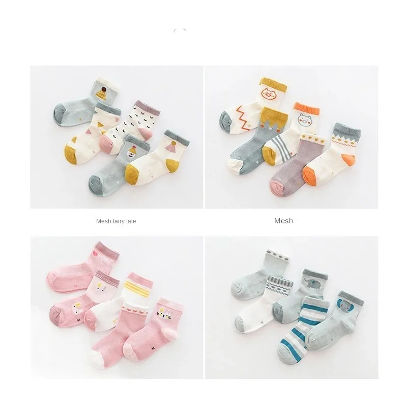 

5 Pairs Children's Socks Thin Cotton Mesh Baby's Socks Mid-Calf Cartoon Boys and Girls Socks Children's Socks 0-12 Years Old