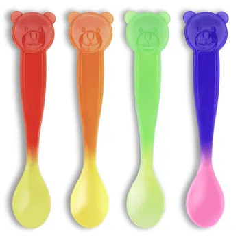 4 Colors Baby Feeding Spoon Bear Temperature Sensing Spoon for Kids Cartoon Training Spoon Heat Sensitive Toddler Utensils 1