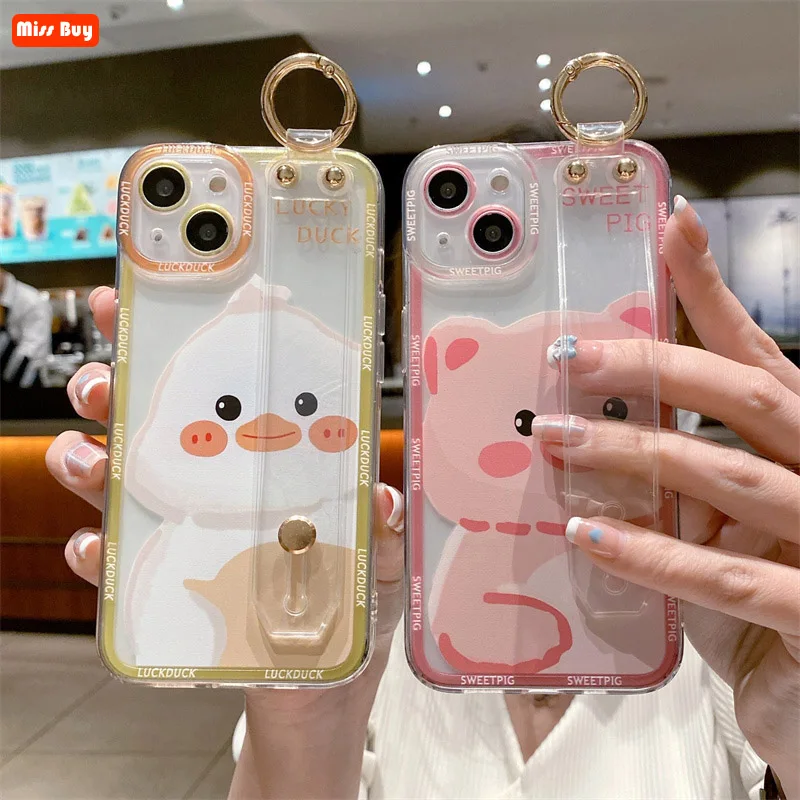 

Cartoom Duck Pig Transparent Soft Silicone Wrist Straps Case for Huawei P50 P40 P30 P20 P10 Plus Nova 8 SE 6 7 5i Pro 3 4 Cover
