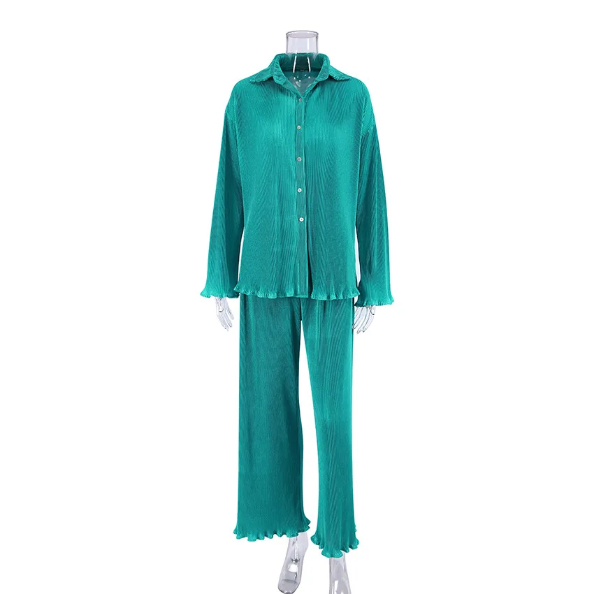 Women's Pajamas 2 Piece Set French Style Long Sleeve Button Pleated Solid Lapel Shirt Loose Pants Lounge Wear Women Nightwear