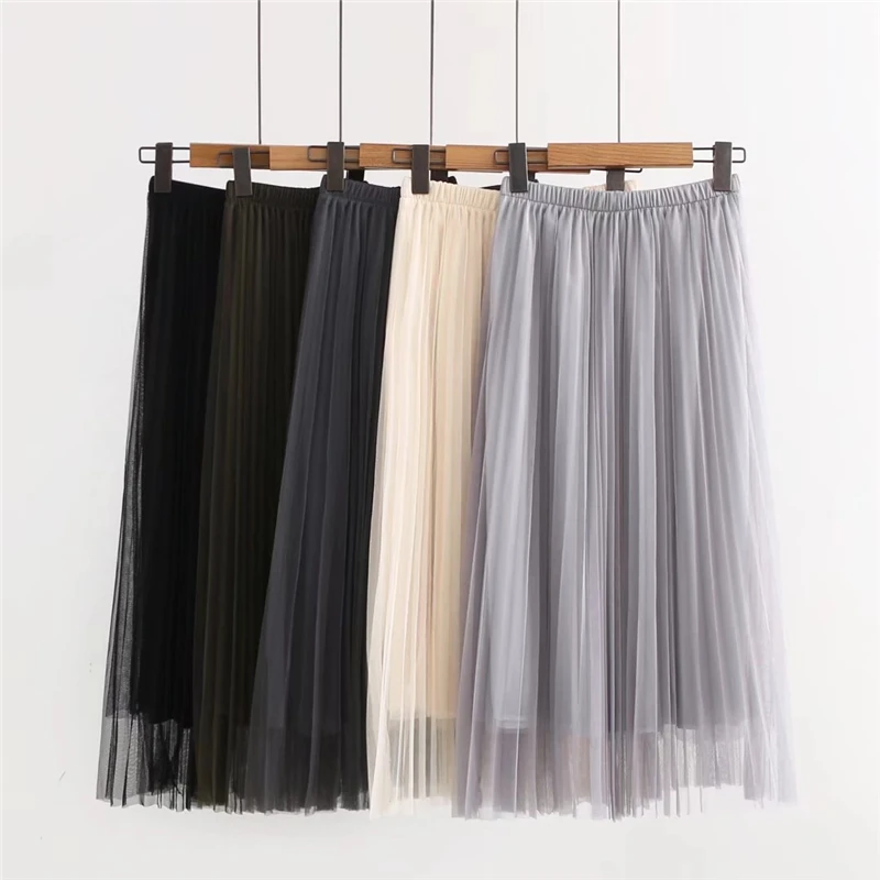 

TFETTERS Woman Skirts 2022 Korean High Waist Mesh Pleated Skirt Women Solid Color Medieval Skirt for Women Clothing