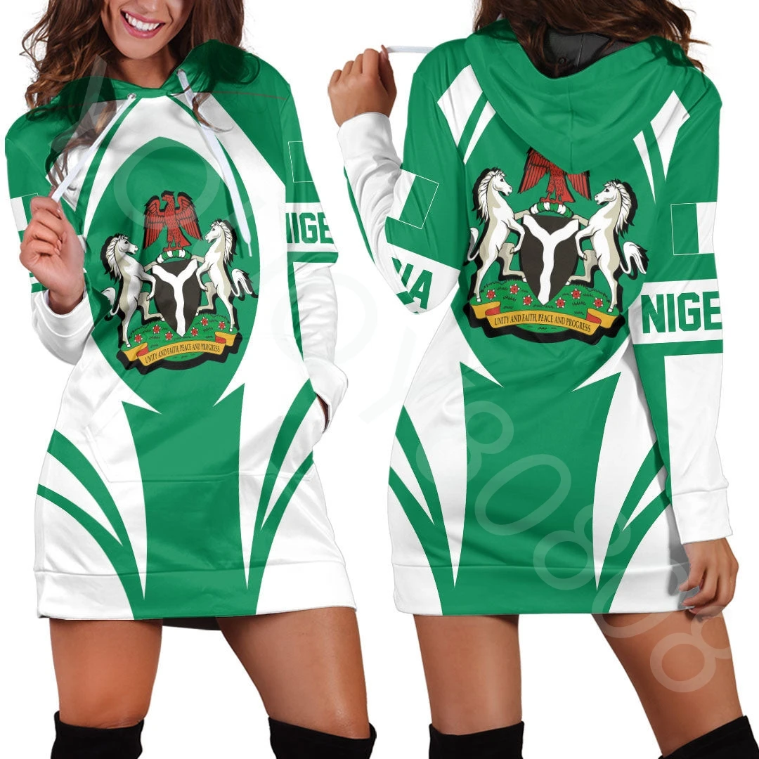 

African Zone Apparel Hoodie Women's Retro Slim Ladies Dress Sweatshirt Print - Nigeria Action Flag Hoodie Dress