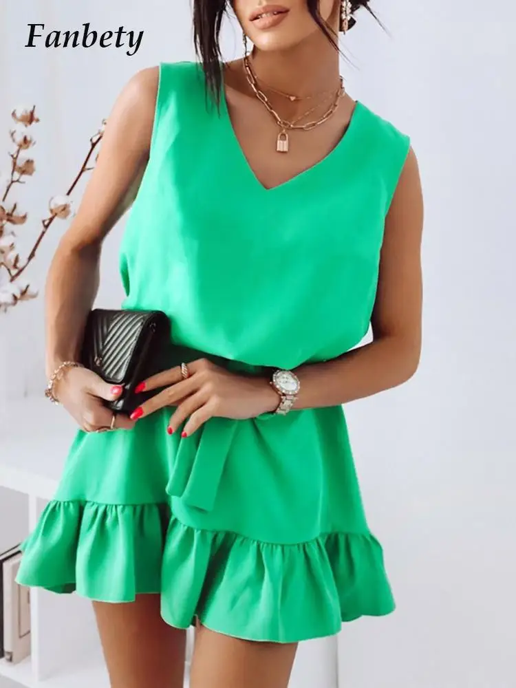 

Summer Sleeveless Pleated Ruffle Hem Dress Women Solid Color V-Neck Office Lady Commute Mini Dress Casual Lace-Up Party Dresses