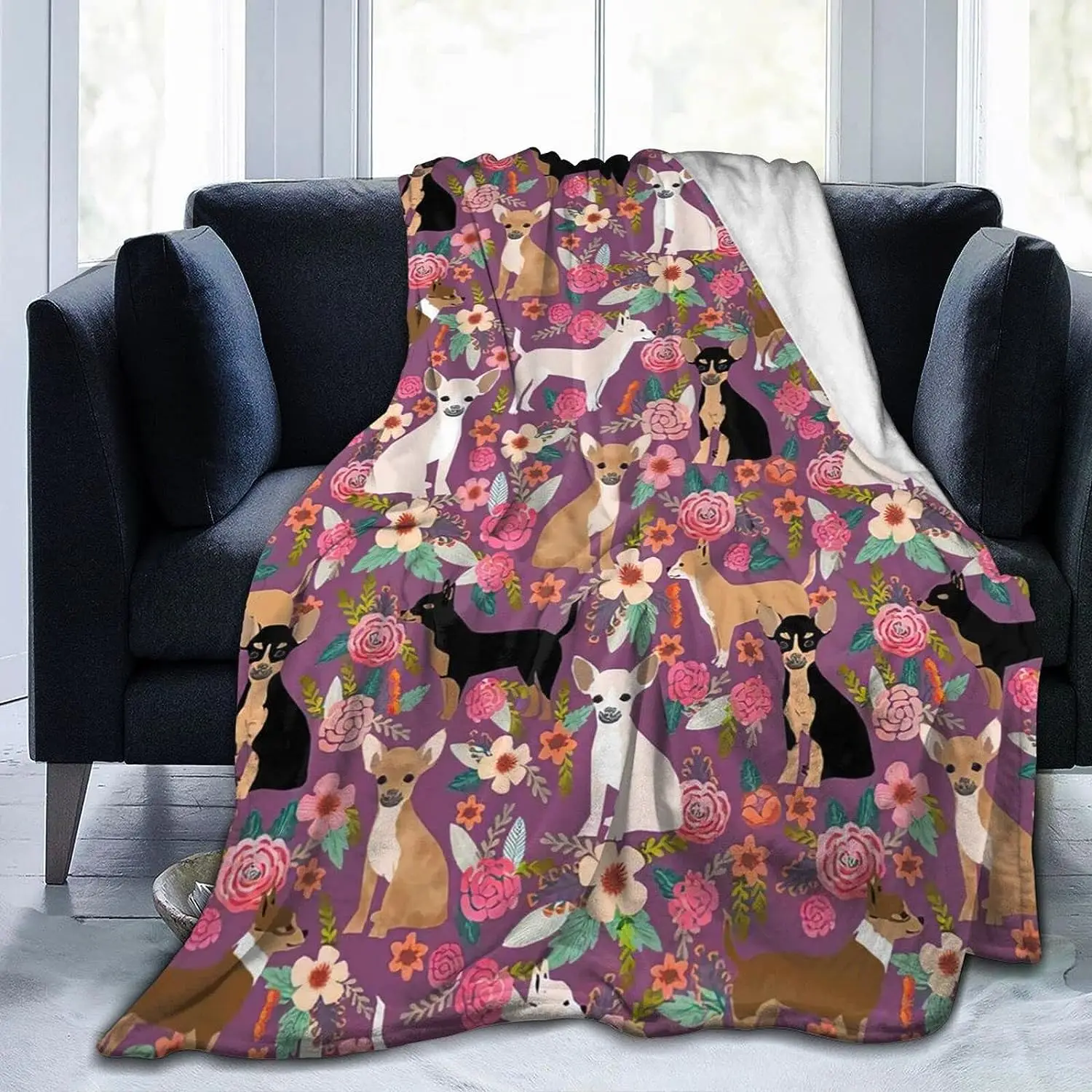 

Flannel Fleece Plush Blanket Chihuahua Dog Breed Floral pet Gifts Perfect Present Pattern Throw for Spring Recline Blanket
