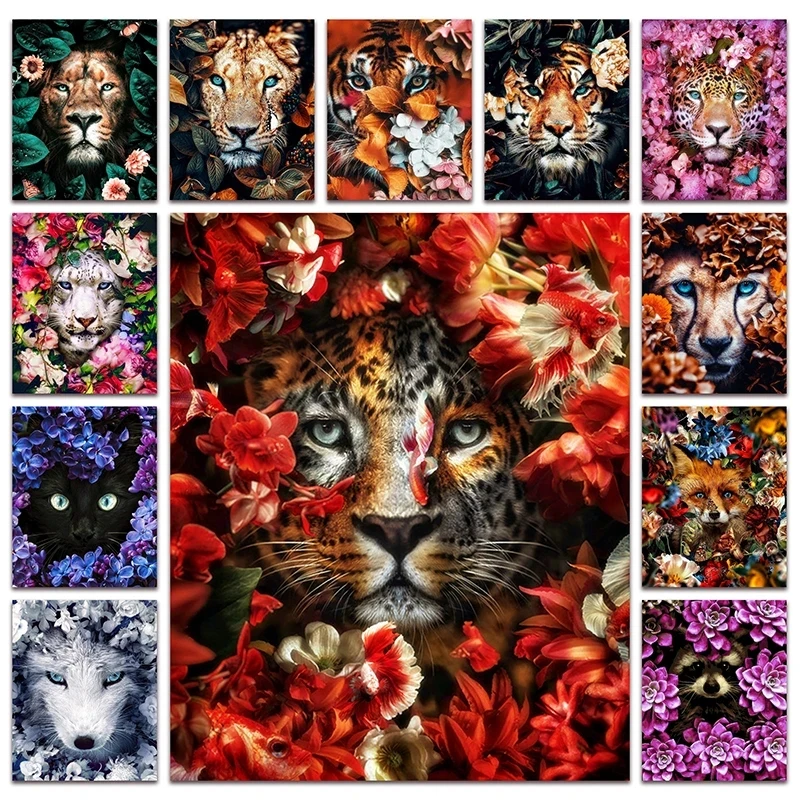 

Алмазная живопись, картина с цветами, животными, леопардом, львом, тигром, кошкой, лисой, волком, енотой, пандой, полная вышивка крестиком, Mk733