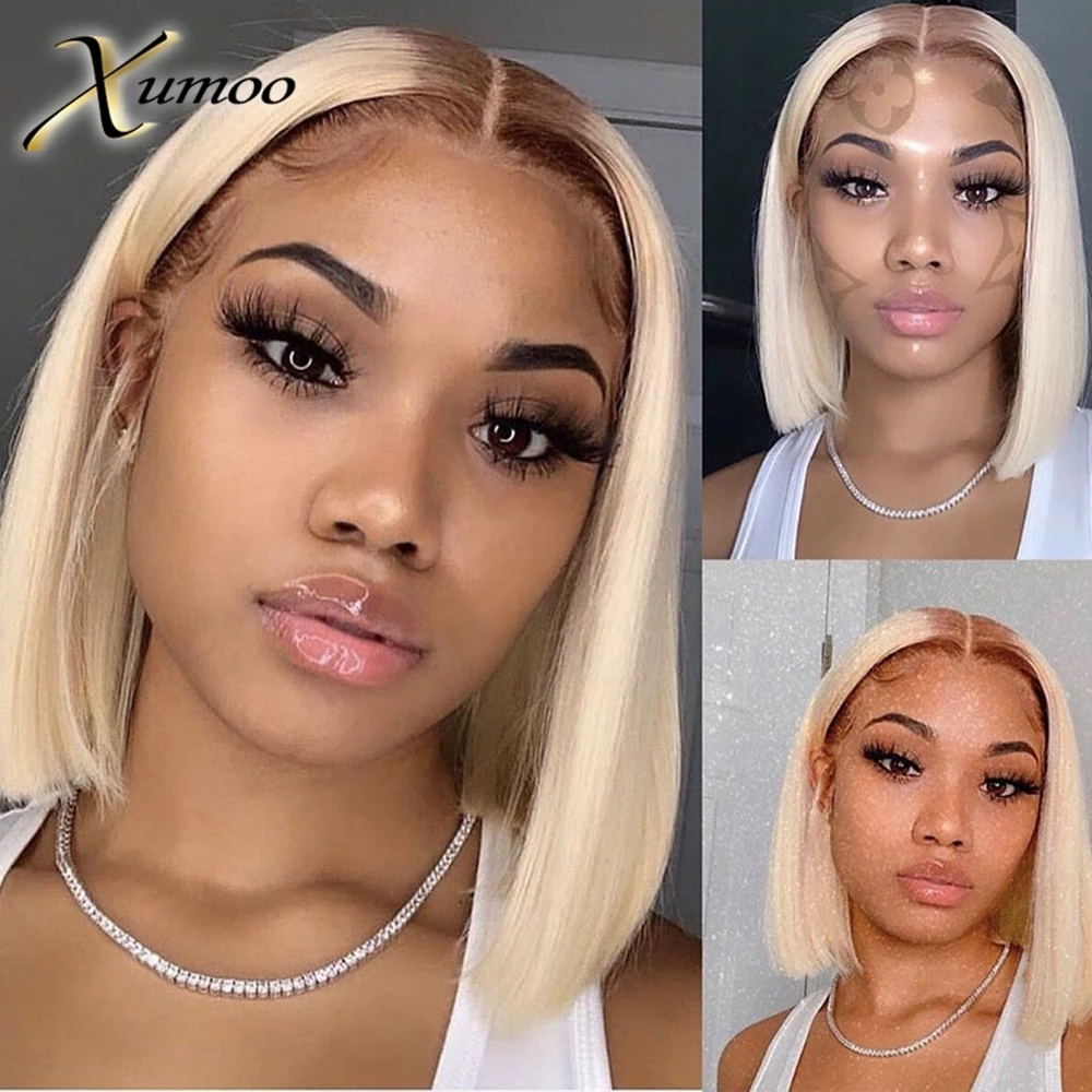 Xumoo 13x4 Ombre Blonde Short Bob Pixie Cut Wigs For Women Human Hair 613 Blonde Lace Front Wig Peruvian Hair Transparent Lace