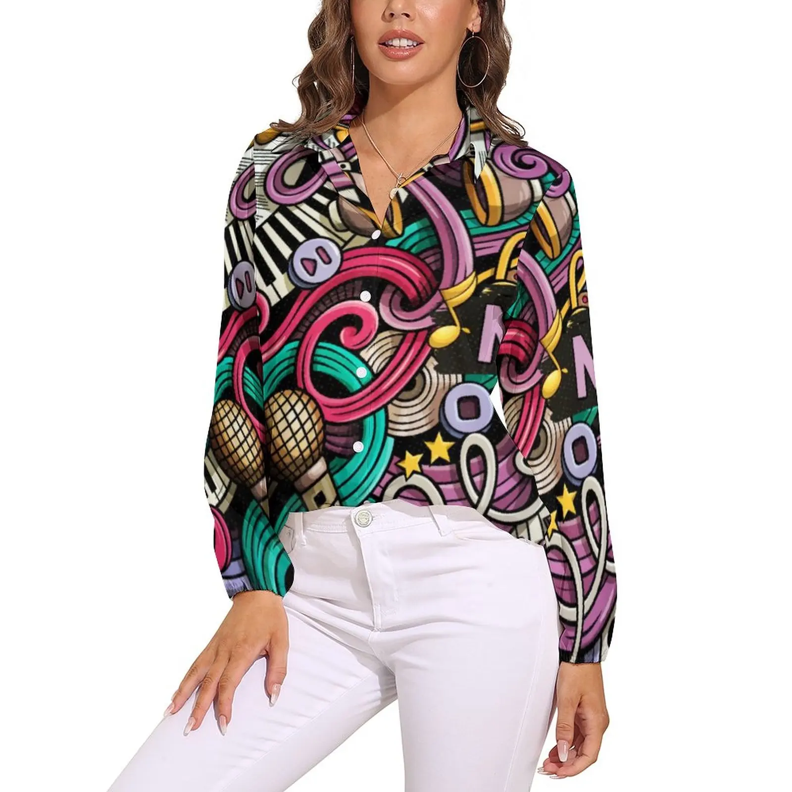 

Abstract Music Loose Blouse Colorful Print Casual Oversized Blouses Female Long Sleeve Vintage Shirt Summer Design Top