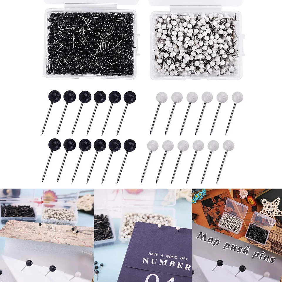 

KAOBUY 1000 PCS Map Tacks Push Pins with Storage Box Round Head Steel Point Black and White Colors for Travel Map Craft DIY