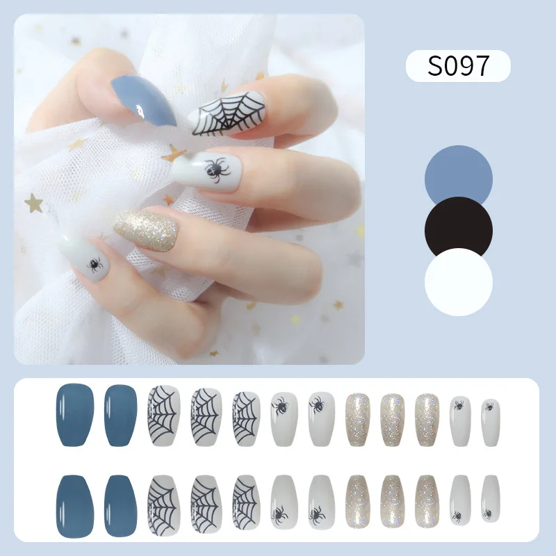 

24Pcs/set Press On Nail Halloween Pumpkin Spider Web Full Cover False Nails Glue Press On Halloween Spider Nails French Manicure