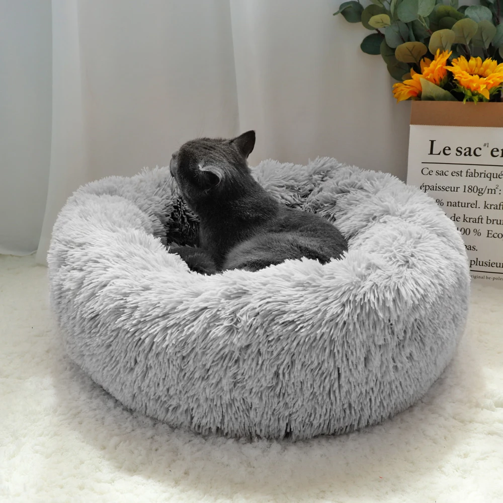 

Orthopedic Sleeping Fluffy Puppy Bed Cat Long Bed Hondenmand Plush Pet Sofa Lounger Donut Bag Round House Calming Kennel Bed Dog
