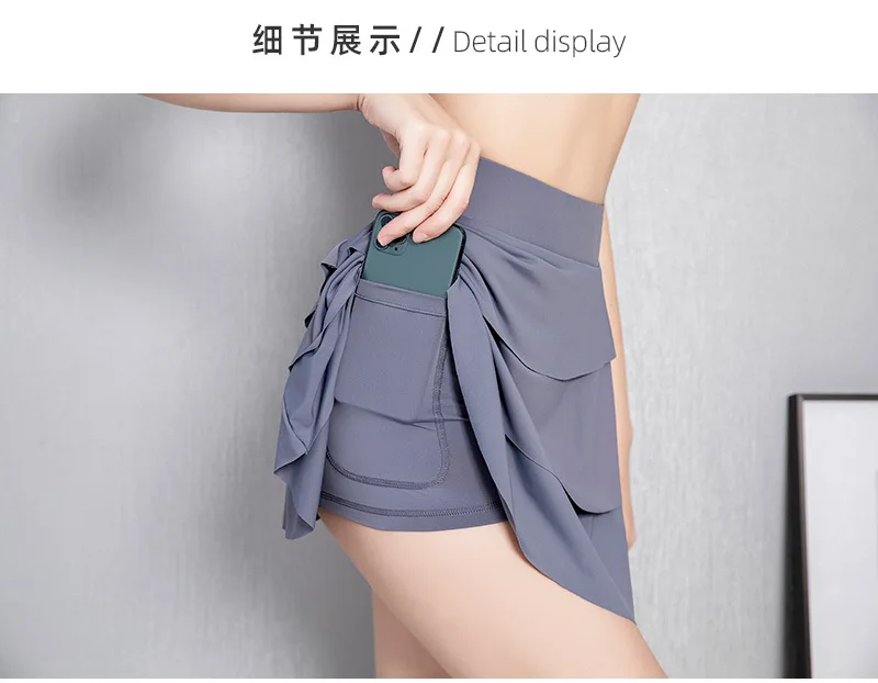 Lulu Yoga Sports Shorts Skirt Loose Fake Two-piece Anti Light Skirt Fast Dry Running Fitness Tennis Skirt Pants Biker shorts