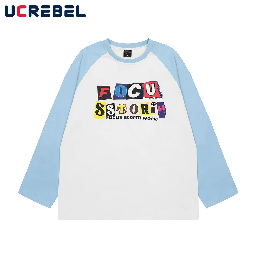 

Streetwear Letter Print Crew Neck Long Sleeve T-shirt Mens Autumn Casual Contrast Paneled Cotton Tee Men