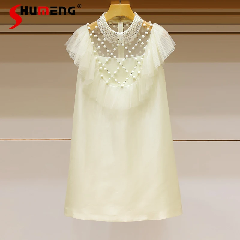 2022 Summer New Princess Woman White Party Dress Elegant Embroidered Doll Collar Diamond Beaded Ruffled A- Line Dresses Feminino