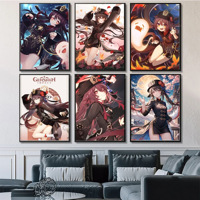 

Anime Genshin Impact Hu Tao Poster Self-adhesive Art Poster Whitepaper Prints Posters Artwork Aesthetic Art Wall Painting