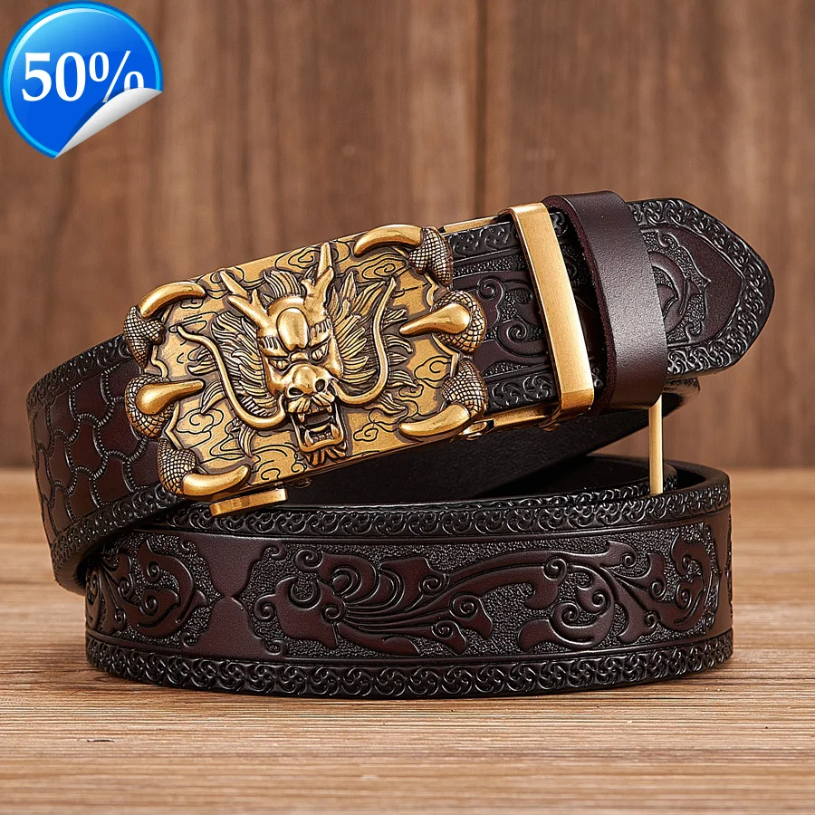 3.5CM Luxury Dragon Automatic Buckle with Tang Grass Pattern Genuine Leather Belt for Men High Quality Work of Art Strap