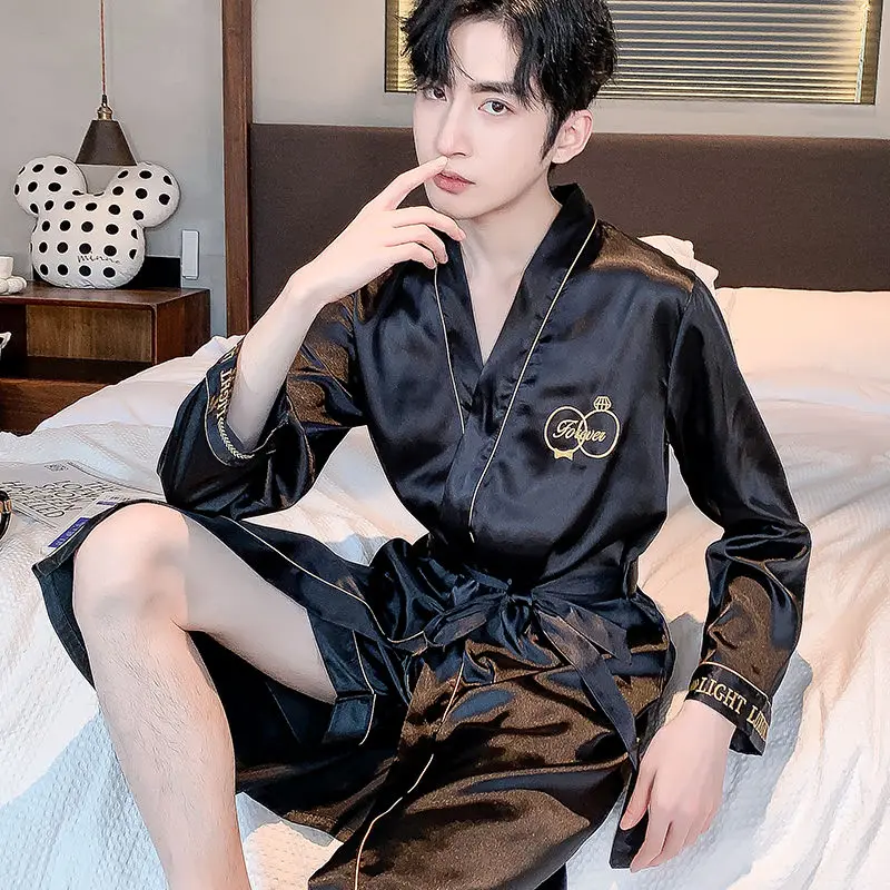 

1 Summer pajama nightshirt long-sleeved silk embroidery thin ice silk big yards household to take in the spring and autumn