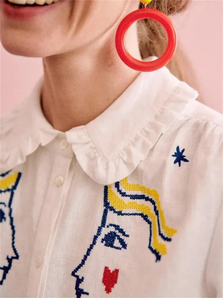 Распродажа Женская блузка с пышными рукавами и мультяшной вышивкой