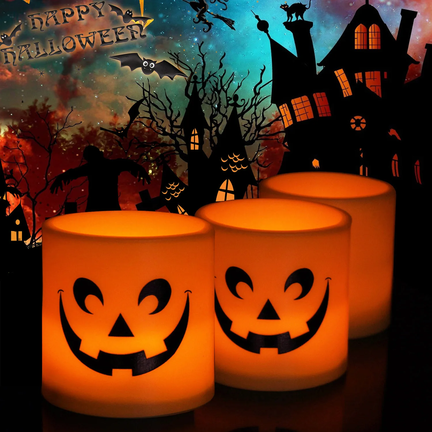 

6Pcs Halloween Flameless Votive Candles Creepy Face Decal LED Realistic Tealight Candles for Halloween Home Decoration Kids Gift