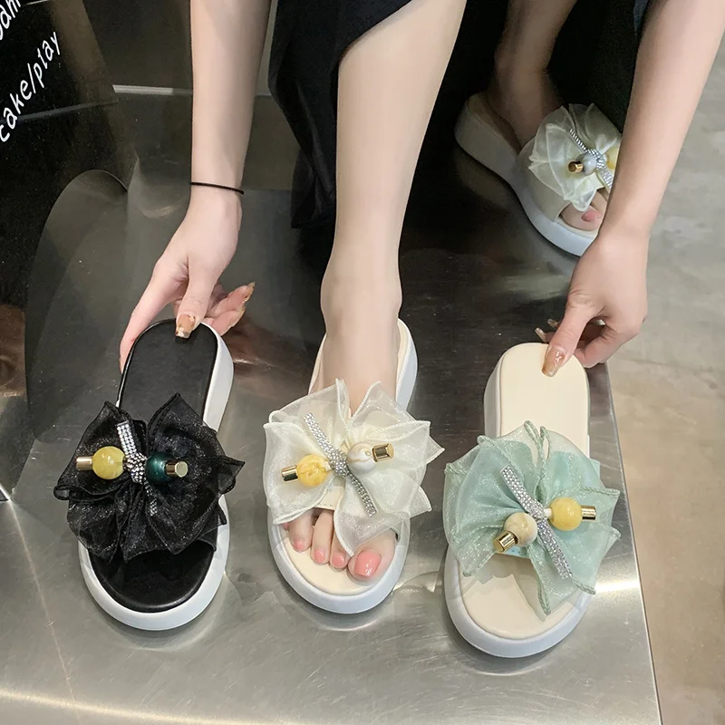 

Сланцы женские на платформе, повседневные пляжные тапки на среднем каблуке, с бантом-бабочкой, роскошные базовые шлепанцы, без каблука, 2022