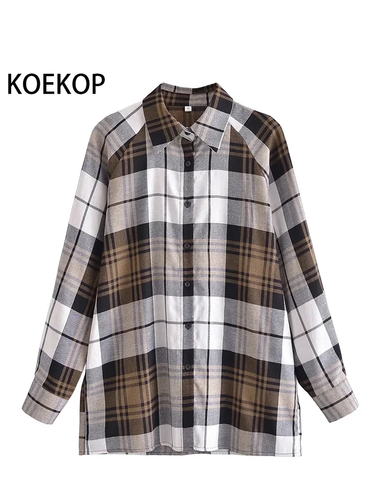 

kOEKOP Women Fashion Plaid Shirt Vintage Long Sleeve Single Breasted Female Blouses Chic Outfits